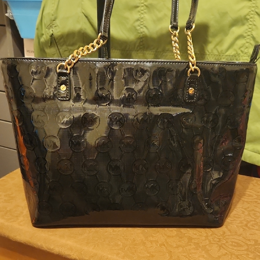 Michael Kors Glossy Black Tote with Gold Accents